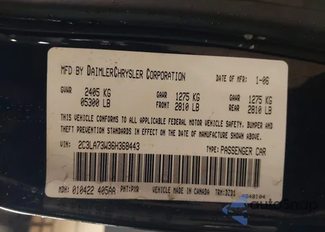 2006 Chrysler 300C Srt8 from USA, damaged, VIN 2C3LA73W36H368443